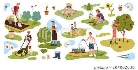 Cheerful farmer, gardener and grower cartoon characters set. Vector young woman and man personages planting flowers and watering vegetables, mowing lawn, picking fruits and cutting bushes Cheerful farmer, gardener and grower cartoon characters set. Vector young woman and man personages planting flowers and watering vegetables, mowing lawn, picking fruits and cutting bushes 104092639
