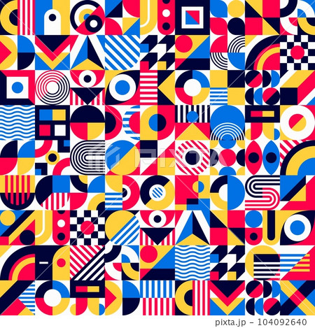Bauhaus elements seamless pattern. Abstract geometric background with vector graphic shapes of color circles, squares and triangles. Bauhaus backdrop with basic figures and simple forms of geometry 104092640