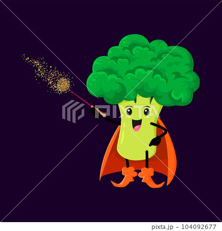Cartoon Halloween broccoli vegetable wizard, witch and mage character. Vector veggies magician personage wielding a wand, evoking a sense of mystery, wonder and healthy eating habits 104092677