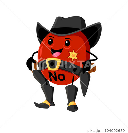 Cartoon sodium or natrium micronutrient sheriff cowboy character. Funny vector Na element with pistol guns. Vitamin wild west ranger personage wear hat, boots and belt. Fantasy Texas western hero Cartoon sodium or natrium micronutrient sheriff cowboy character. Funny vector Na element with pistol guns. Vitamin wild west ranger personage wear hat, boots and belt. Fantasy Texas western hero 104092680