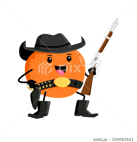Cartoon orange fruit cowboy, sheriff, ranger and bandit character armed with a rifle humorous citrus personage in western style attire with gun. Vector funny healthy food, vitamin product or snack Cartoon orange fruit cowboy, sheriff, ranger and bandit character armed with a rifle humorous citrus personage in western style attire with gun. Vector funny healthy food, vitamin product or snack 104092681