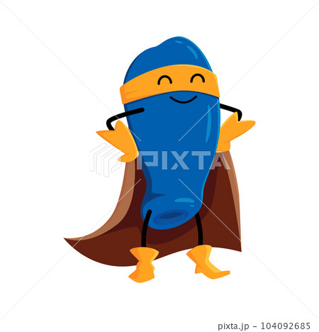 Cartoon honey berry superhero character. Vector funny super hero vigilante in mask and cloak smiling and posing with arms akimbo. Isolated fairy tale plant comics book personage for kids menu or game 104092685