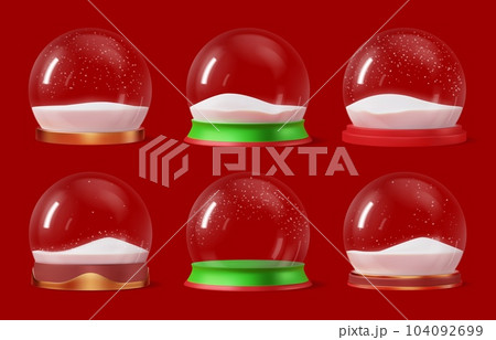 Christmas glass snow globes. Winter season holiday, Xmas or New Year celebration realistic vector souvenir or toy. Isolated Christmas empty balls with golden, green, red base and flying snow inside 104092699