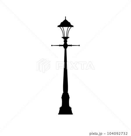 Vintage lampost exterior pole post, old streetlight pillar one lamp stand column. Vector retro street light pillar urban city illumination object 104092732