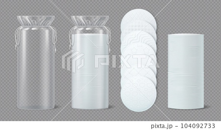 Realistic cosmetic circle cotton pads for gentle and effective makeup or nail polish removal, skincare application. Soft, absorbent, hypoallergenic essentials for daily beauty routine 3d vector mockup 104092733