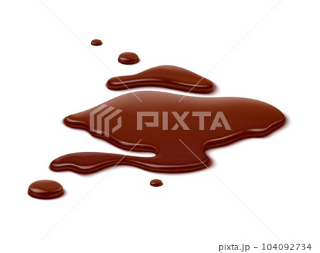Chocolate puddle, brown choco spill, isolated liquid blot and drip. Isolated realistic 3d vector velvety-smooth pool of melted chocolate, enticingly shiny, with a luscious aroma that tempts the senses 104092734