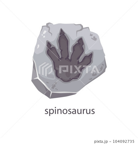 Spinosaurus dinosaur footprint fossil, archeology stone. Extinct dinosaur paw ground trace, jurassic reptile foot museum fossil track or prehistory Spinosaurus animal step vector stone imprint 104092735