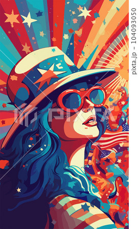 Drawing of a girl and glasses in a hat on the background of the flag and salute for July 4 - Independence Day of the United States. For your design Drawing of a girl and glasses in a hat on the background of the flag and salute for July 4 - Independence Day of the United States. For your design 104093050