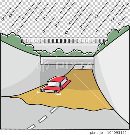A passenger car stuck in a flooded underpass A passenger car stuck in a flooded underpass 104093133