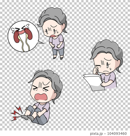 糖尿病の合併症になる高齢女性のイラスト3パターン 糖尿病の合併症になる高齢女性のイラスト3パターン 104093460
