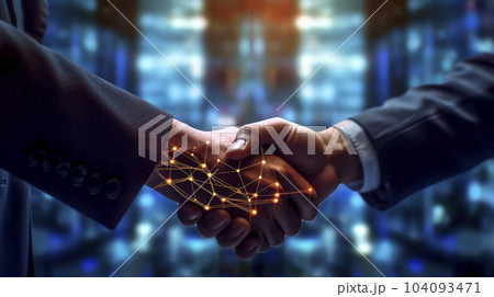 仮想現実のデジタル世界で握手をするビジネスパーソン「AI生成画像」 仮想現実のデジタル世界で握手をするビジネスパーソン「AI生成画像」 104093471