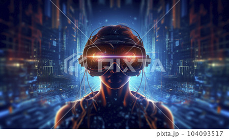 VRゴーグルでデジタルな仮想現実の世界を体験する女性「AI生成画像」 104093517