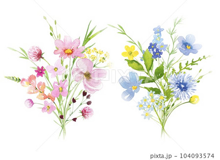 Set of bouquets with meadow flowers and leaves. Watercolor Set of bouquets with meadow flowers and leaves. Watercolor 104093574