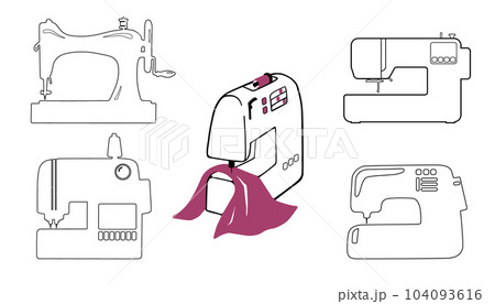 Set of different sewing machines from retro vintage to modern electronic. Outline icons or logos. Vector illustration for tailor shop, sewing, fashion, handmade clothes, web design 104093616
