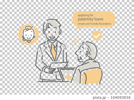 上司に育児休暇を申請する男性社員と快諾する上司　シンプルでお洒落な線画イラスト 104093656
