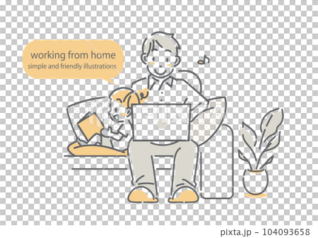 A father who works from home and spends quality time with his child Simple and stylish line drawing illustration 104093658