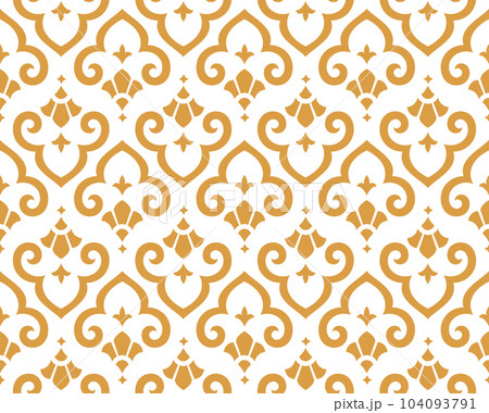 Flower geometric pattern. Seamless vector background. White and gold ornament. Ornament for fabric, wallpaper, packaging. Decorative print Flower geometric pattern. Seamless vector background. White and gold ornament. Ornament for fabric, wallpaper, packaging. Decorative print 104093791