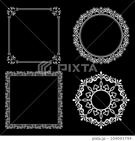 Set of decorative frames Elegant vector element for design in Eastern style, place for text. Floral black and white borders. Lace illustration for invitations and greeting cards. 104093794