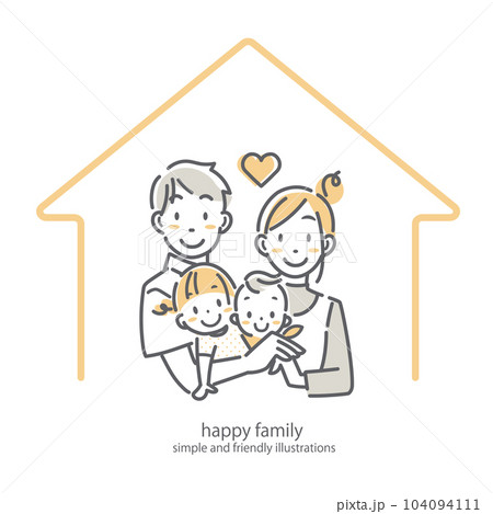 仲良し4人家族　シンプルでお洒落な線画イラスト 104094111