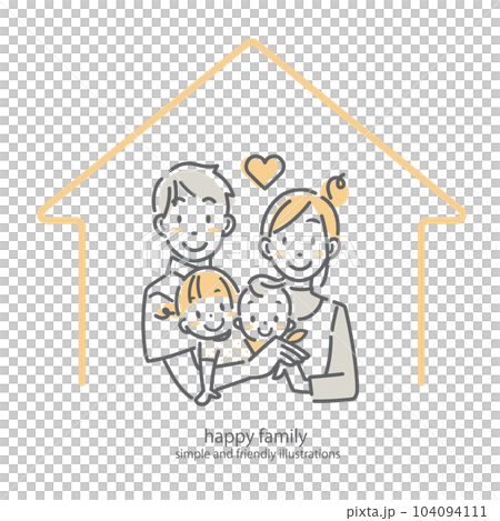 仲良し4人家族　シンプルでお洒落な線画イラスト 104094111