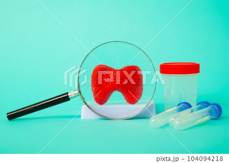 Anatomical model of human thyroid gland with magnifying glass and test tubes and jar for analysis on blue background. Early diagnosis and treatment. Anatomical model of human thyroid gland with magnifying glass and test tubes and jar for analysis on blue background. Early diagnosis and treatment. 104094218