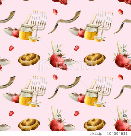 Light pink Rosh hashanah symbols watercolor seamless pattern with shofars, menorah, traditional food for Jewish new year gift wrapping, boxes and greeting designs Light pink Rosh hashanah symbols watercolor seamless pattern with shofars, menorah, traditional food for Jewish new year gift wrapping, boxes and greeting designs 104094631