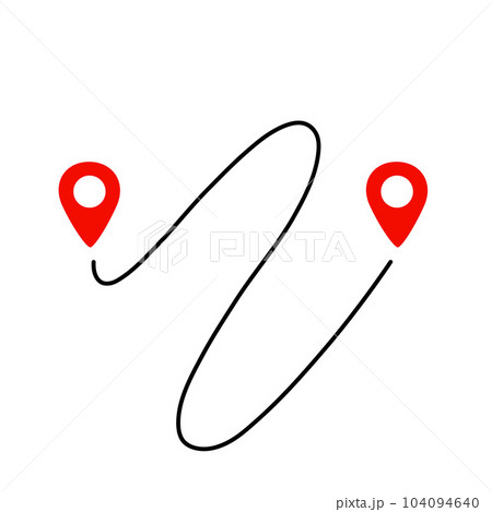 Black route tracking icon. Simple 2 pins path. Searching global mobile GPS navigation. Line distance illustration isolated on white Black route tracking icon. Simple 2 pins path. Searching global mobile GPS navigation. Line distance illustration isolated on white 104094640