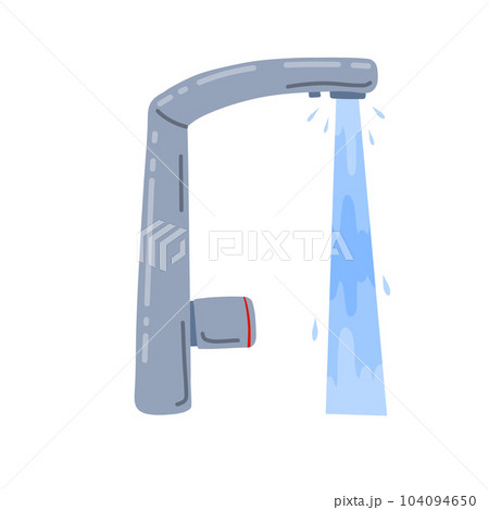 Tap with running water jet. Plumbing in kitchen and bathroom. Flow and stream of blue liquid. Tap with running water jet. Plumbing in kitchen and bathroom. Flow and stream of blue liquid. 104094650