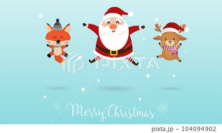 Merry Christmas and happy new year cute Santa Claus Reindeer and Fox jump. Merry Christmas and happy new year cute Santa Claus Reindeer and Fox jump. 104094902