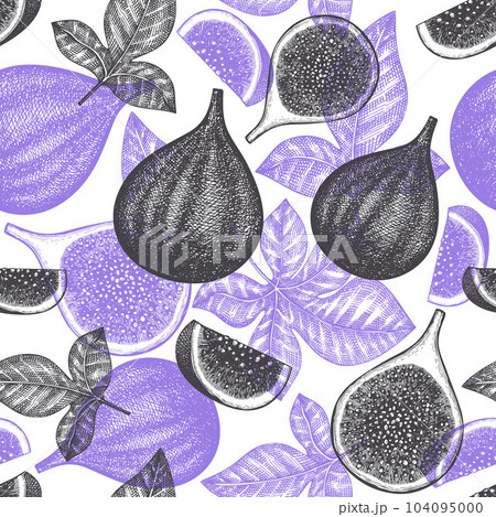Hand drawn fig fruits seamless pattern. Organic fresh food vector illustration. Retro fig fruit background. Hand drawn fig fruits seamless pattern. Organic fresh food vector illustration. Retro fig fruit background. 104095000