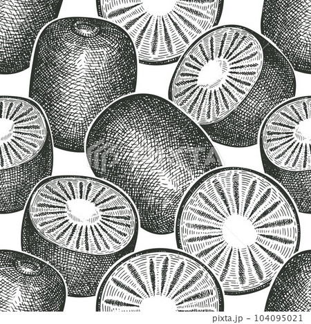 Hand drawn sketch style kiwi seamless pattern. Organic fresh fruit vector illustration. Retro kiwi fruit background Hand drawn sketch style kiwi seamless pattern. Organic fresh fruit vector illustration. Retro kiwi fruit background 104095021