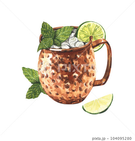 Watercolor moscow mule cocktail with lime and mint leaves ice, in a copper mug. Hand-drawn illustration isolated on white background.Perfect for recipe lists with alcoholic drinks, brochures for cafe 104095280