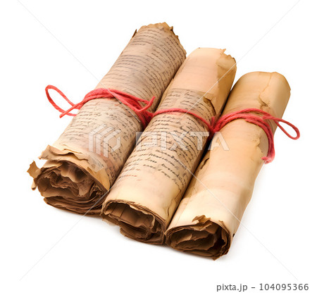 Ancient paper scrolls on white background, ancestral knowledge concept, realistic 3D illustration, generative ai 104095366