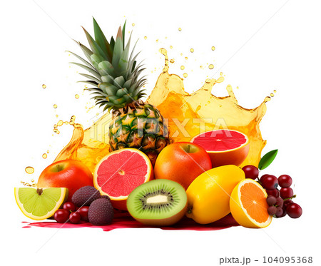 Tropical Fruits with juice splash on white background, fruits explosion concept, generative ai 104095368
