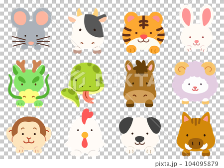 シンプルで可愛い前足付きの干支の動物のイラストセット　主線なし 104095879