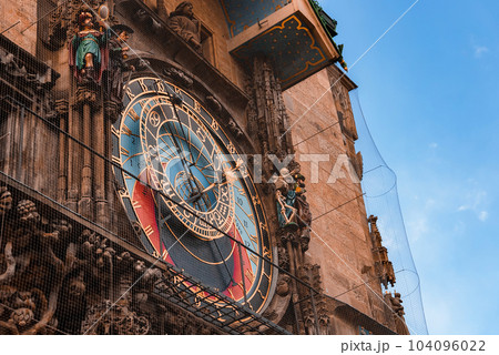 The medieval astronomical clock in the Old Town square in Prague, Czechia The medieval astronomical clock in the Old Town square in Prague, Czechia 104096022