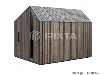 Wooden, modern shed for garden storage on white background. 104096238