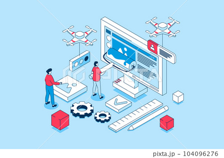 Web design concept in 3d isometric design. People creating pages layouts with content, making banners and homepages, programming and coding. Vector illustration with isometry scene for web graphic 104096276