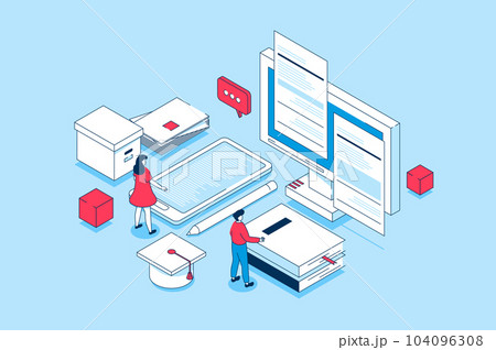 Modern education concept in 3d isometric design. People learning at digital classroom, reading e-books, watching webinars and video lectures. Vector illustration with isometry scene for web graphic Modern education concept in 3d isometric design. People learning at digital classroom, reading e-books, watching webinars and video lectures. Vector illustration with isometry scene for web graphic 104096308