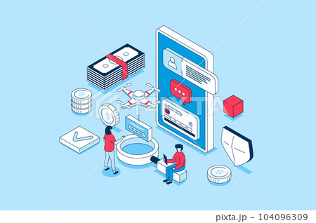 Mobile wallet app concept in 3d isometric design. People managing and controlling financial accounts and credit cards at online banking service. Vector illustration with isometry scene for web graphic 104096309