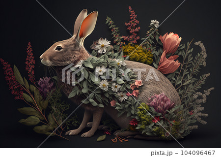 Image of a rabbit surrounded by colorful tropical flowers. Wildlife Animals. Illustration, Generative AI. 104096467