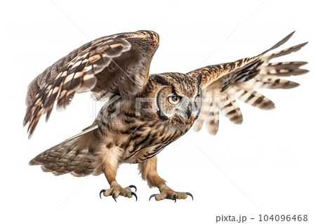 Image of an owl is flapping its wings fly on a white background. Wild Animals. Birds. Illustration. Generative AI. 104096468