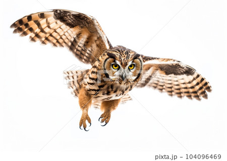 Image of an owl is flapping its wings fly on a white background. Wild Animals. Birds. Illustration. Generative AI. 104096469