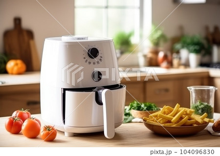 White air fryer or oil free fryer appliance in the modern kitchen. Generative AI White air fryer or oil free fryer appliance in the modern kitchen. Generative AI 104096830