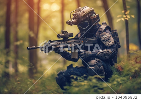 Special forces soldier police a with high technology gun. Generative AI 104096832