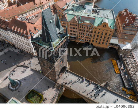 Scenic spring panoramic aerial view of the Old Town pier architecture and Charles Bridge over Vltava river in Prague, Czech Republic 104096882