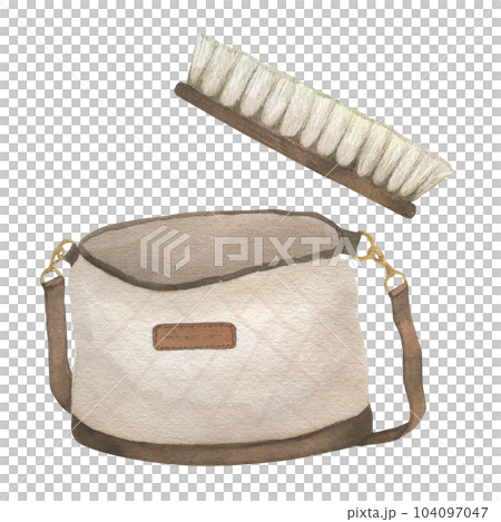 Watercolor illustration of equestrian equipment, ammunition and accessories for horse riding. Cleaning brush, bag. Isolated. Watercolor illustration of equestrian equipment, ammunition and accessories for horse riding. Cleaning brush, bag. Isolated. 104097047