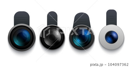 Mobile lens objective mini glass. Fish eye mobile phone vector photo clip on lens design. Mobile lens objective mini glass. Fish eye mobile phone vector photo clip on lens design. 104097362