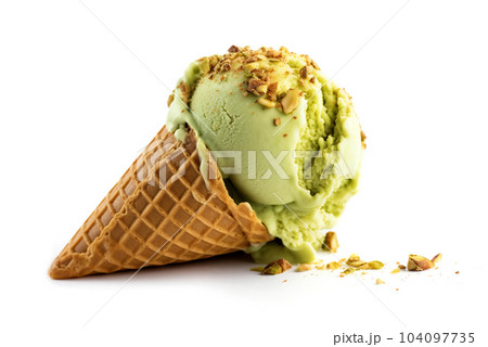 Pistachio ice cream cone on a white background. 104097735