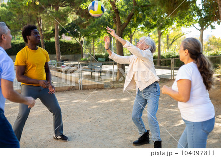 Social club of joyful older diverse people enjoying volleyball on the October sunny day outdoors 104097811